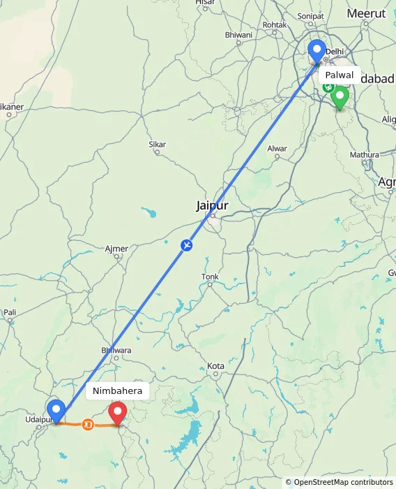Route map showing distance and travel time from Palwal, India to Nimbahera, India