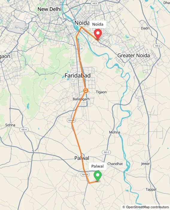 Route map showing distance and travel time from Palwal, India to Noida, India