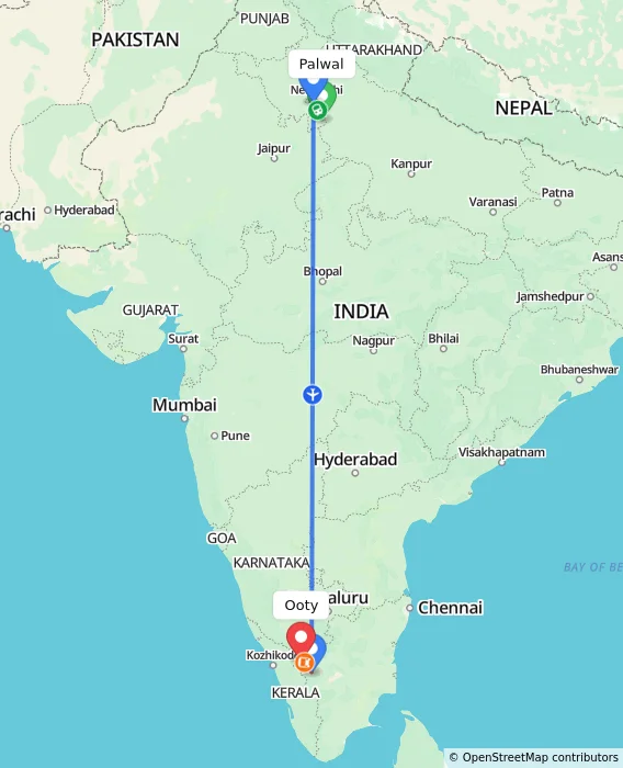 Route map showing distance and travel time from Palwal, India to Ooty, India