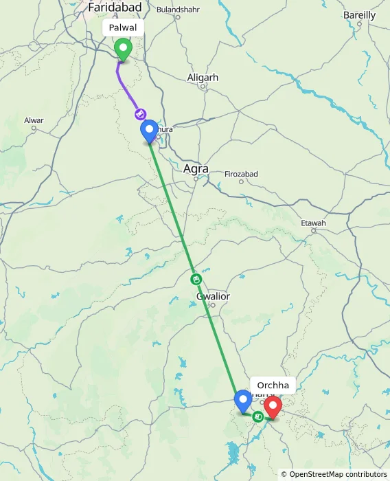 Route map showing distance and travel time from Palwal, India to Orchha, India