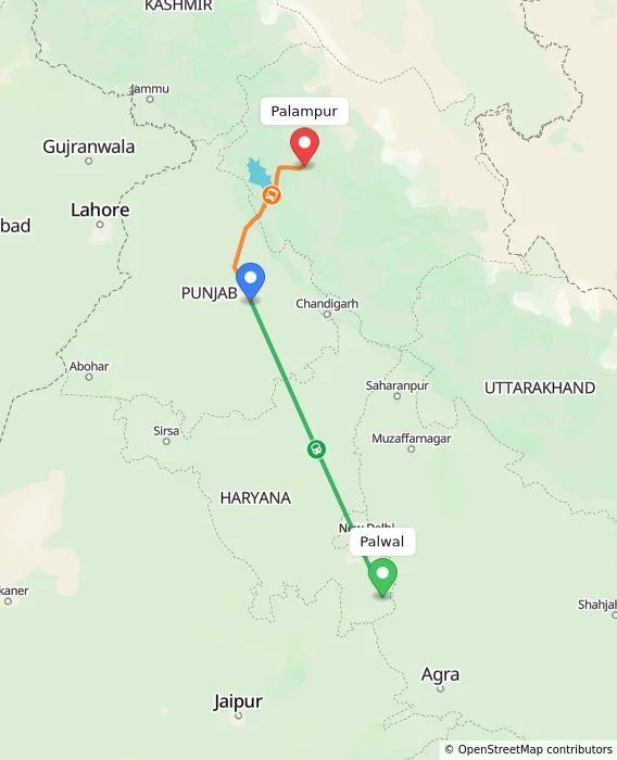 Route map showing distance and travel time from Palwal, India to Palampur, India