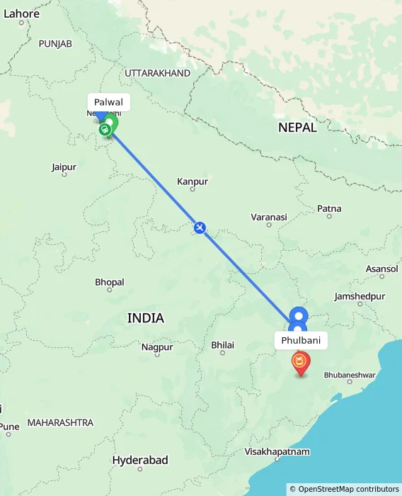 Route map showing distance and travel time from Palwal, India to Phulbani, India