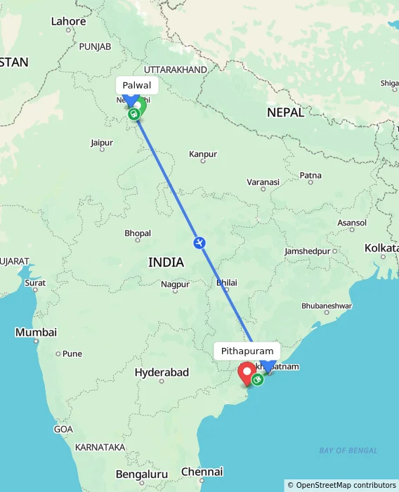 Route map showing distance and travel time from Palwal, India to Pithapuram, India