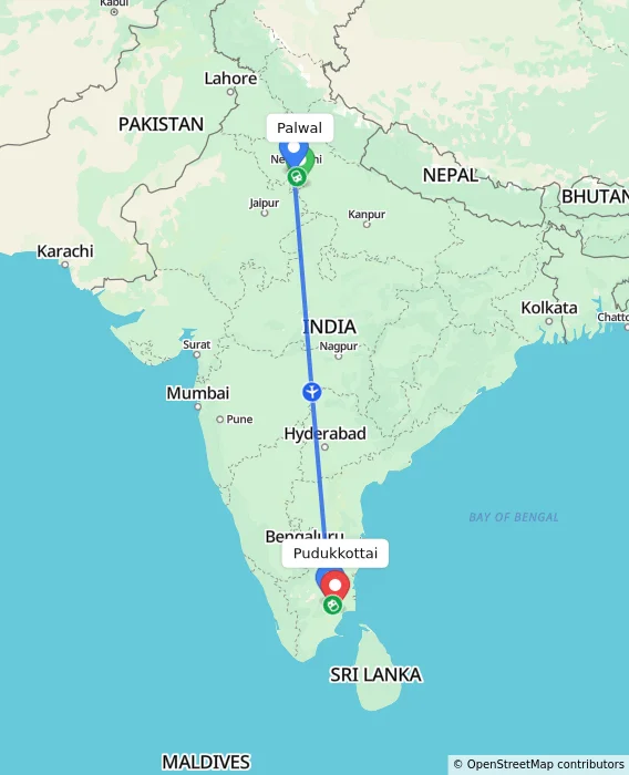 Route map showing distance and travel time from Palwal, India to Pudukkottai, India