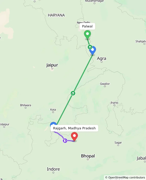 Route map showing distance and travel time from Palwal, India to Rajgarh, Madhya Pradesh, India