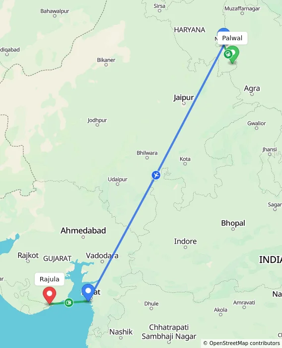 Route map showing distance and travel time from Palwal, India to Rajula, India