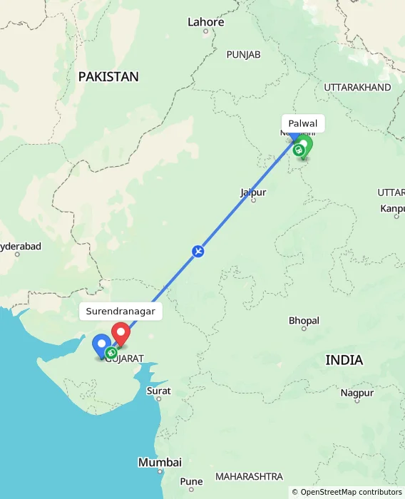 Route map showing distance and travel time from Palwal, India to Surendranagar, India