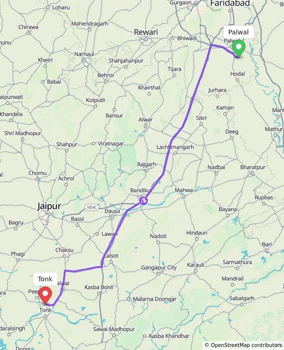 Route map showing distance and travel time from Palwal, India to Tonk, India