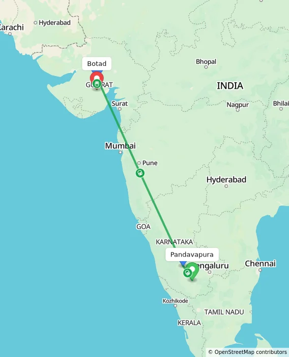 Route map showing distance and travel time from Pandavapura, India to Botad, India