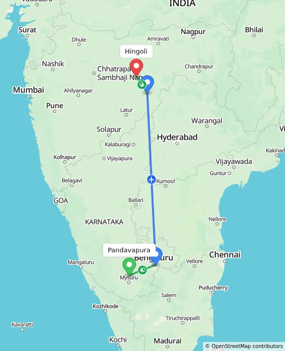 Route map showing distance and travel time from Pandavapura, India to Hingoli, India