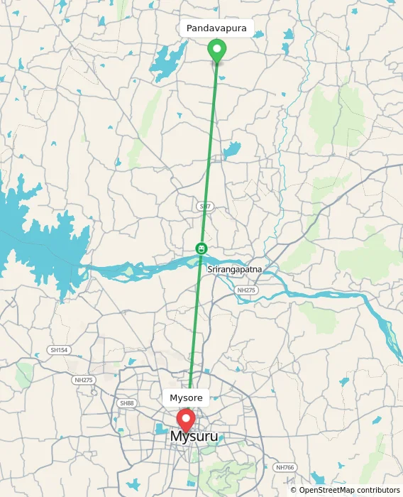 Route map showing distance and travel time from Pandavapura, India to Mysore, India