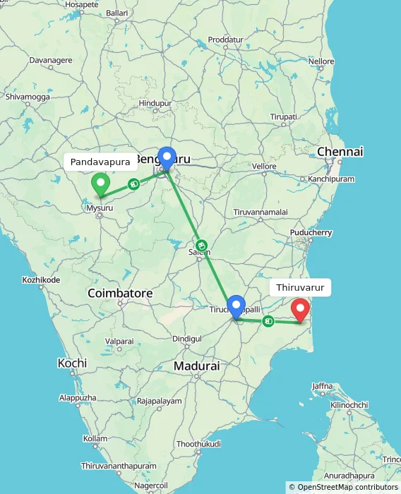 Route map showing distance and travel time from Pandavapura, India to Thiruvarur, India
