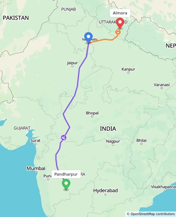 Route map showing distance and travel time from Pandharpur, India to Almora, India