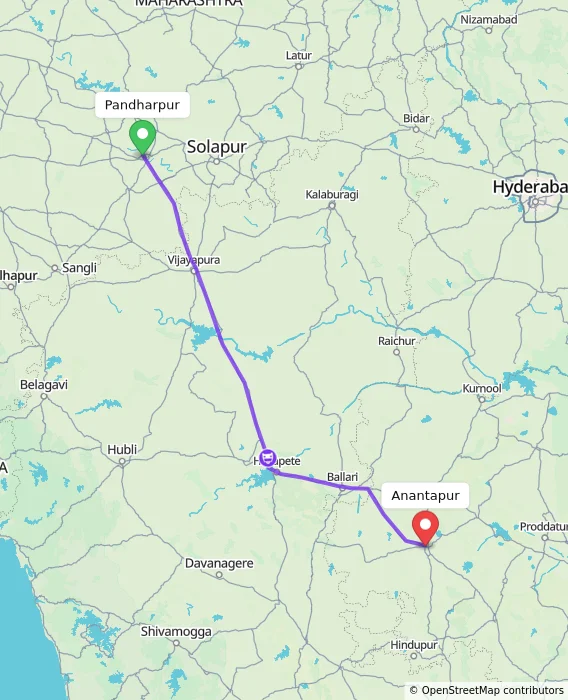 Route map showing distance and travel time from Pandharpur, India to Anantapur, India