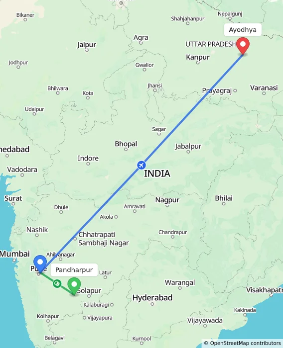Route map showing distance and travel time from Pandharpur, India to Ayodhya, India