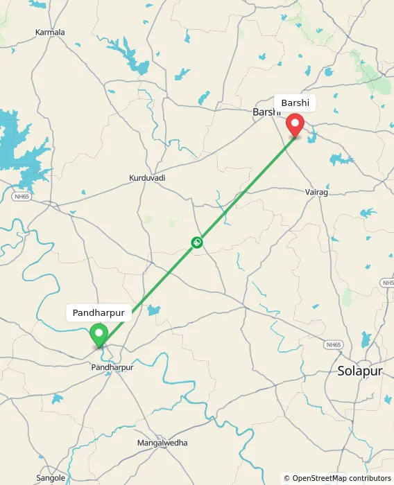 Route map showing distance and travel time from Pandharpur, India to Barshi, India