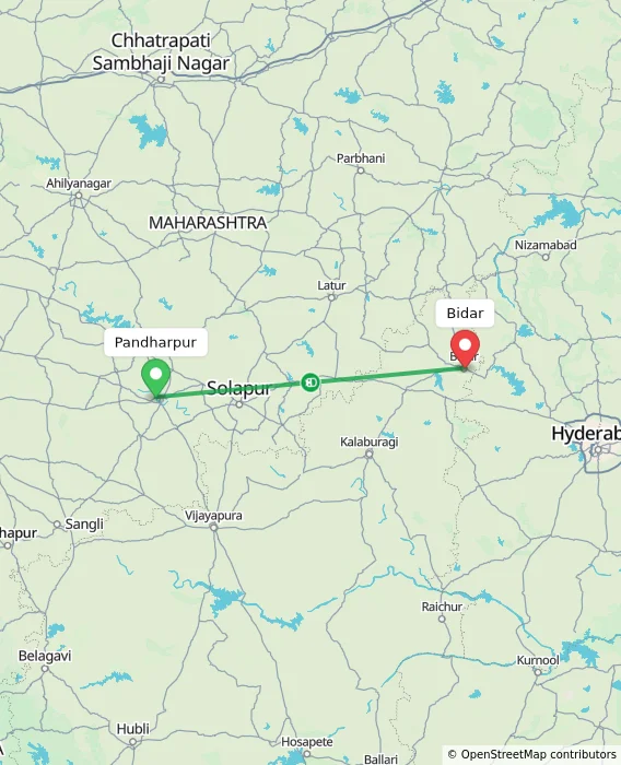 Route map showing distance and travel time from Pandharpur, India to Bidar, India