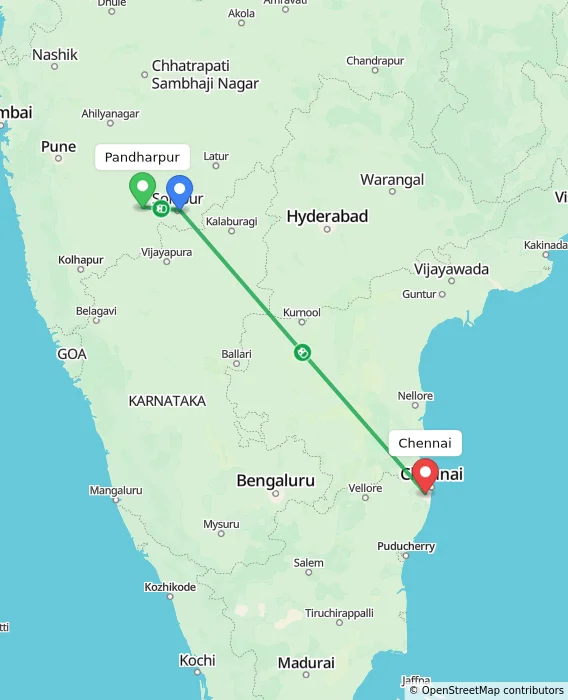 Route map showing distance and travel time from Pandharpur, India to Chennai, India