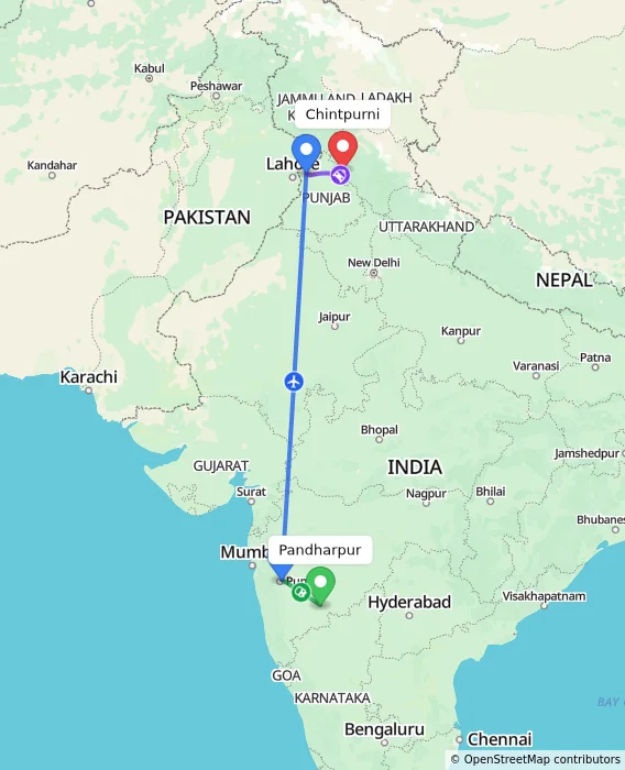Route map showing distance and travel time from Pandharpur, India to Chintpurni, India