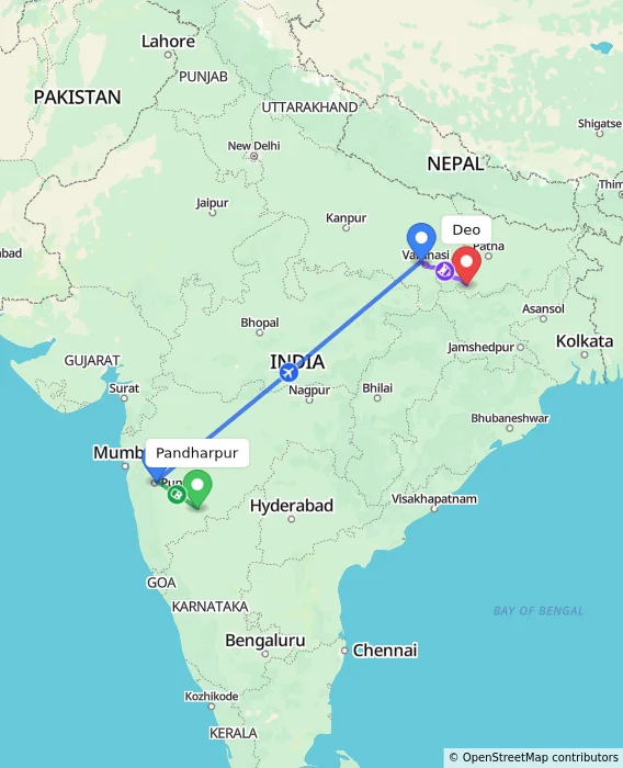 Route map showing distance and travel time from Pandharpur, India to Deo, India