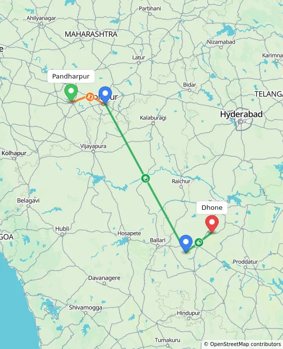 Route map showing distance and travel time from Pandharpur, India to Dhone, India
