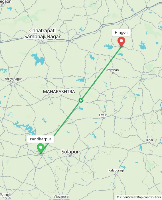 Route map showing distance and travel time from Pandharpur, India to Hingoli, India