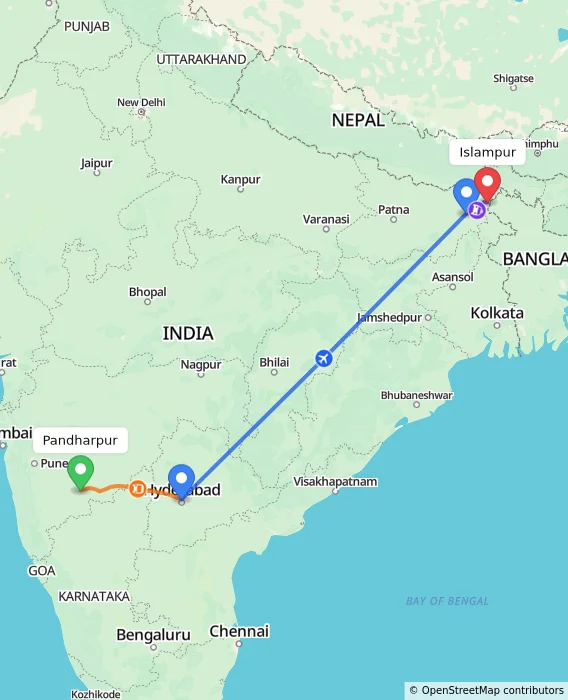 Route map showing distance and travel time from Pandharpur, India to Islampur, India