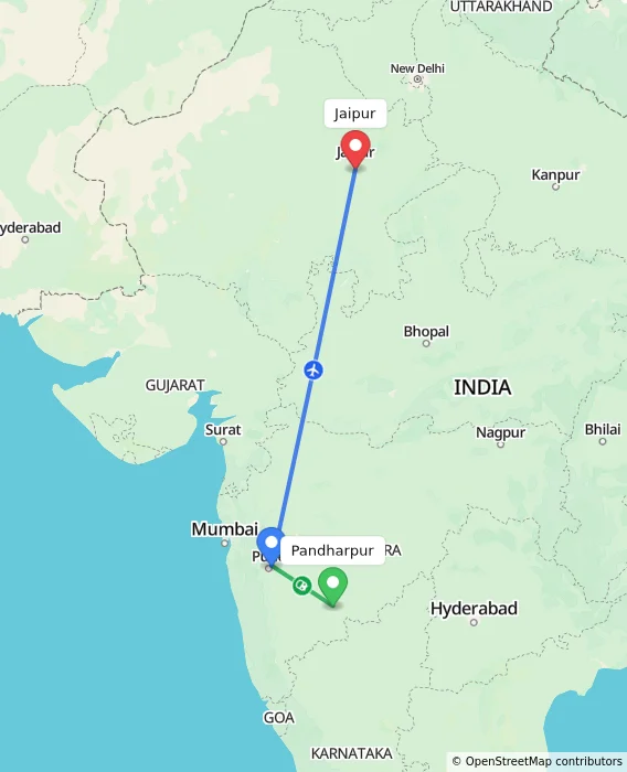 Route map showing distance and travel time from Pandharpur, India to Jaipur, India