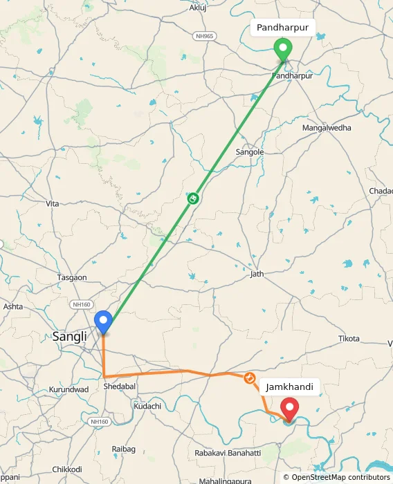 Route map showing distance and travel time from Pandharpur, India to Jamkhandi, India