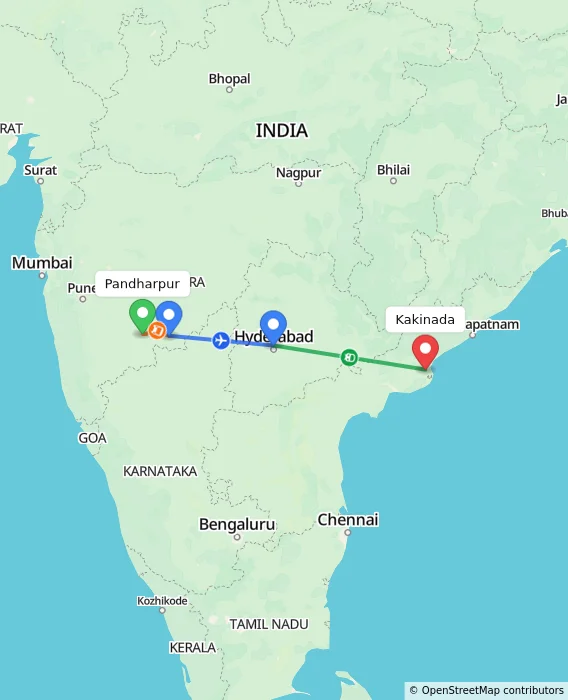 Route map showing distance and travel time from Pandharpur, India to Kakinada, India
