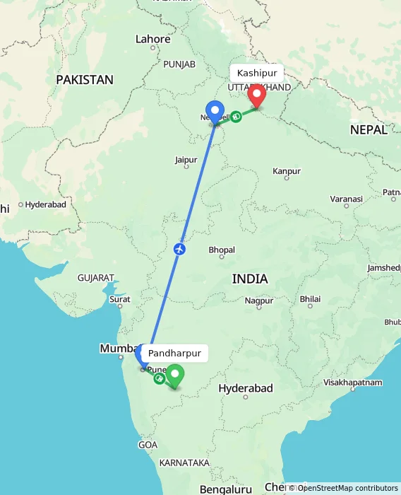 Route map showing distance and travel time from Pandharpur, India to Kashipur, India