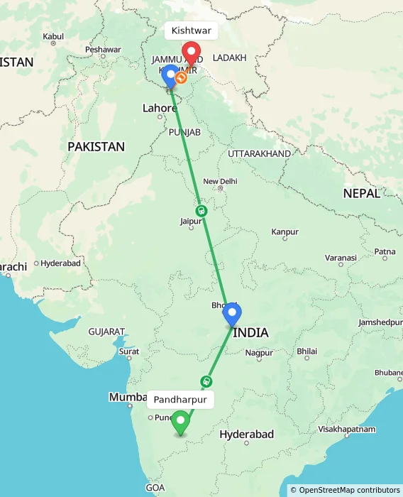 Route map showing distance and travel time from Pandharpur, India to Kishtwar, India