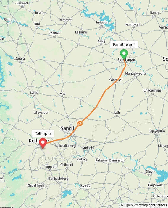 Route map showing distance and travel time from Pandharpur, India to Kolhapur, India