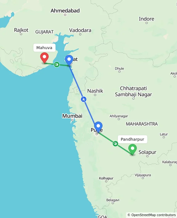 Route map showing distance and travel time from Pandharpur, India to Mahuva, India