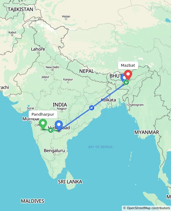 Route map showing distance and travel time from Pandharpur, India to Mazbat, India
