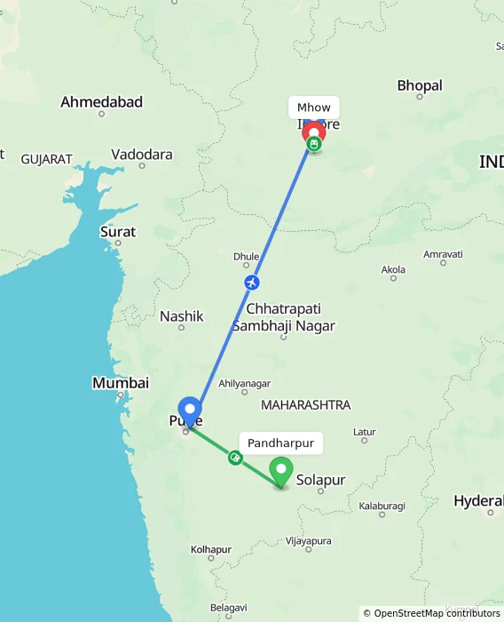 Route map showing distance and travel time from Pandharpur, India to Mhow, India