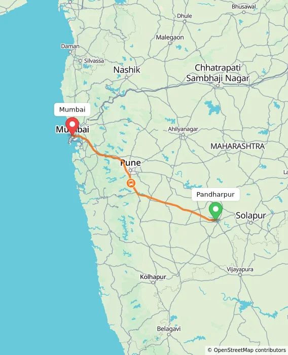 Route map showing distance and travel time from Pandharpur, India to Mumbai, India