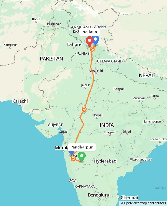 Route map showing distance and travel time from Pandharpur, India to Nadaun, India