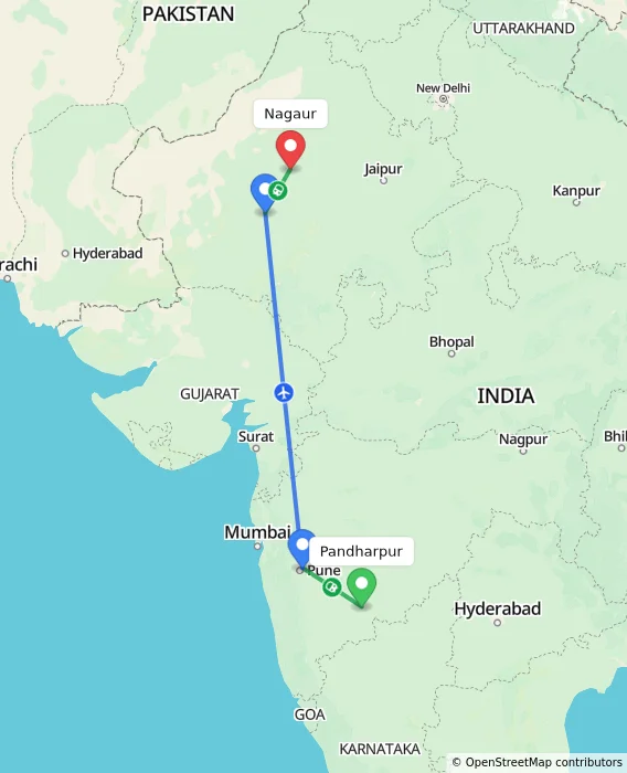 Route map showing distance and travel time from Pandharpur, India to Nagaur, India