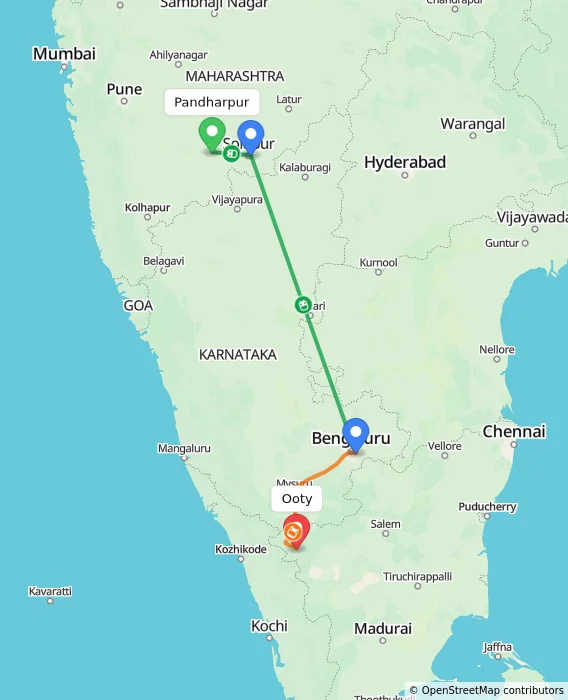 Route map showing distance and travel time from Pandharpur, India to Ooty, India
