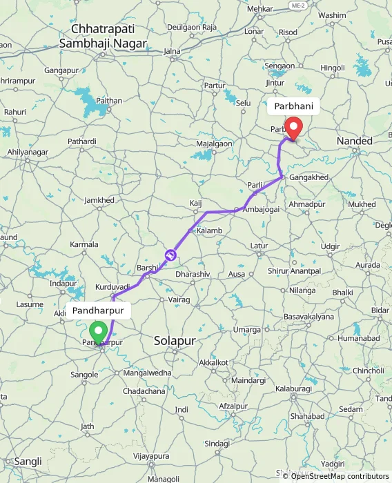 Route map showing distance and travel time from Pandharpur, India to Parbhani, India