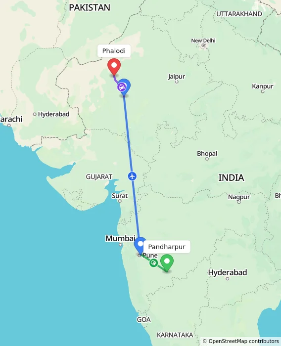 Route map showing distance and travel time from Pandharpur, India to Phalodi, India