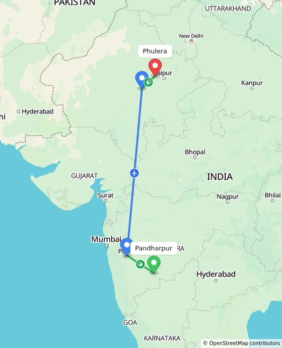 Route map showing distance and travel time from Pandharpur, India to Phulera, India