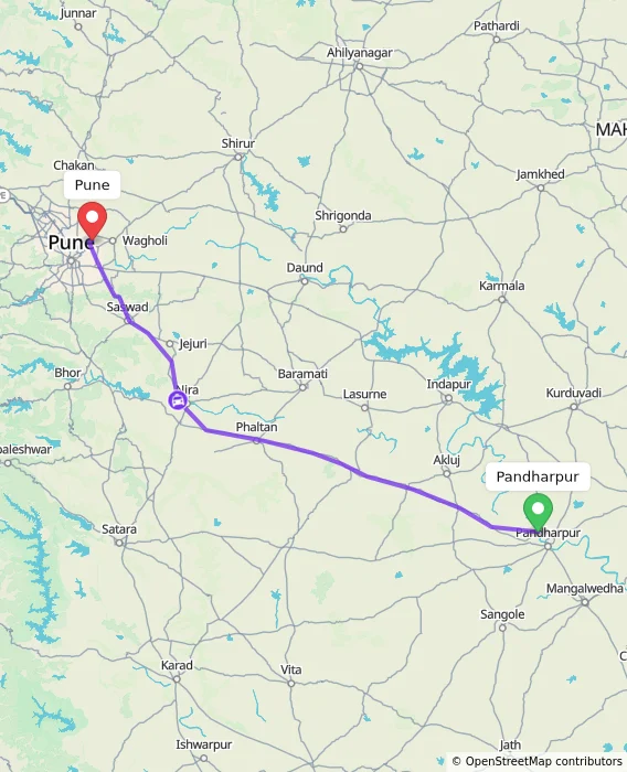 Route map showing distance and travel time from Pandharpur, India to Pune, India