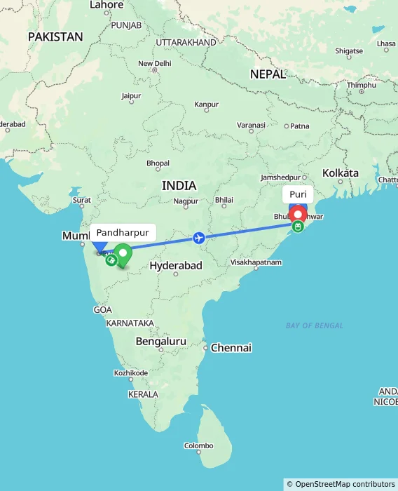 Route map showing distance and travel time from Pandharpur, India to Puri, India