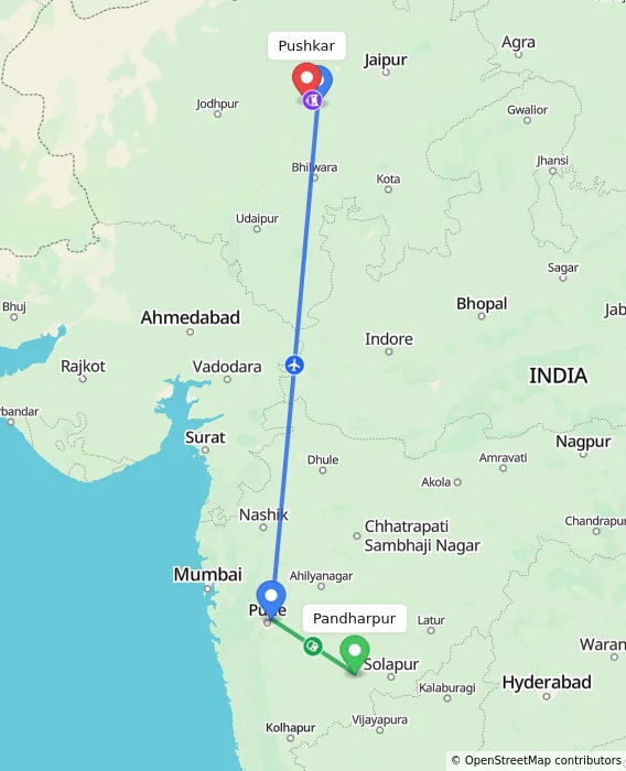Route map showing distance and travel time from Pandharpur, India to Pushkar, India