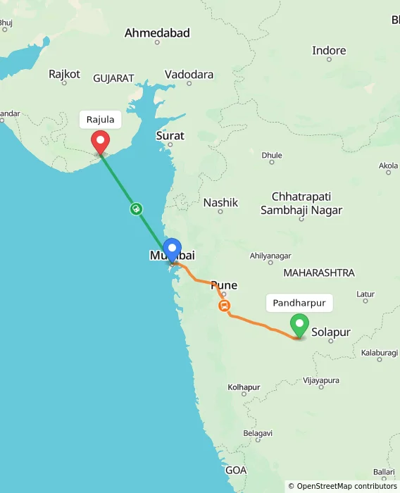 Route map showing distance and travel time from Pandharpur, India to Rajula, India