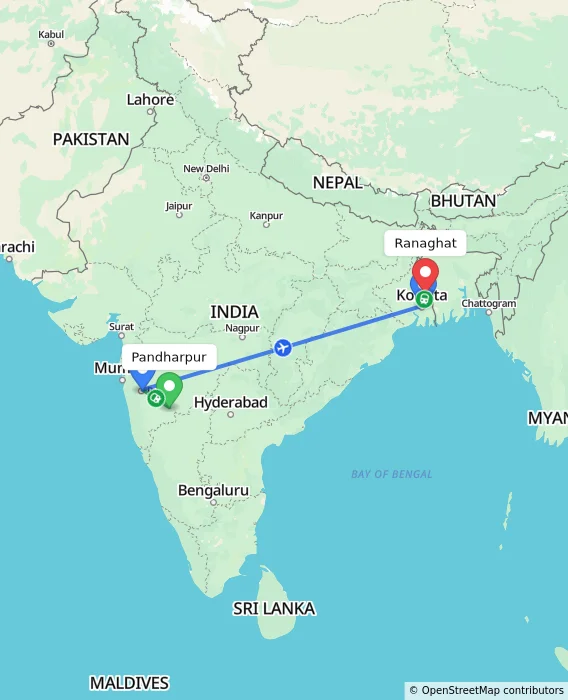 Route map showing distance and travel time from Pandharpur, India to Ranaghat, India
