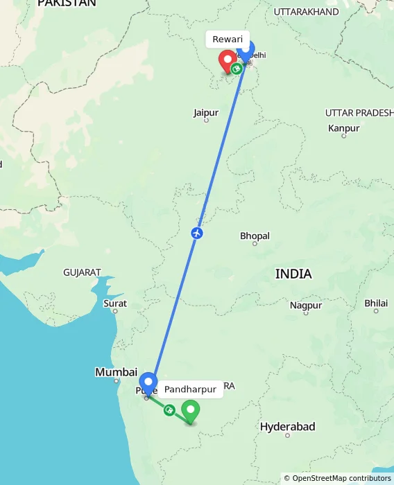 Route map showing distance and travel time from Pandharpur, India to Rewari, India