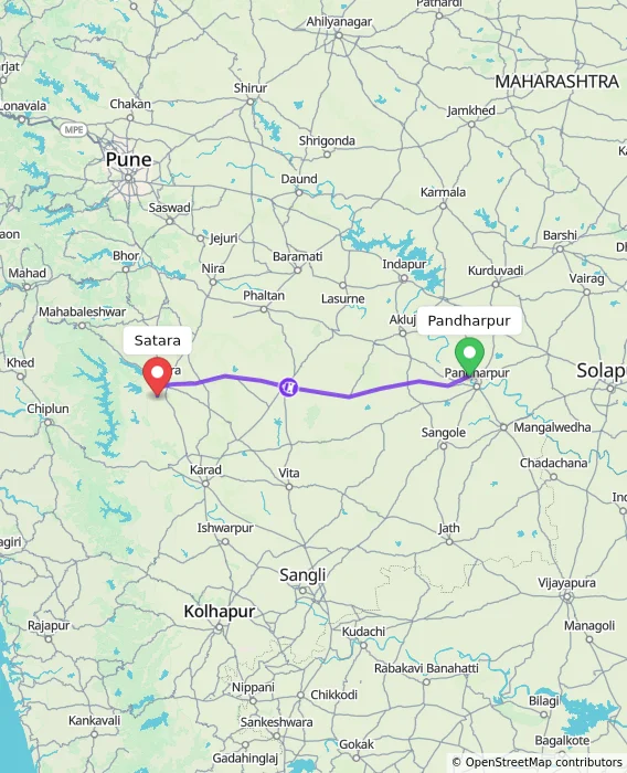 Route map showing distance and travel time from Pandharpur, India to Satara, India